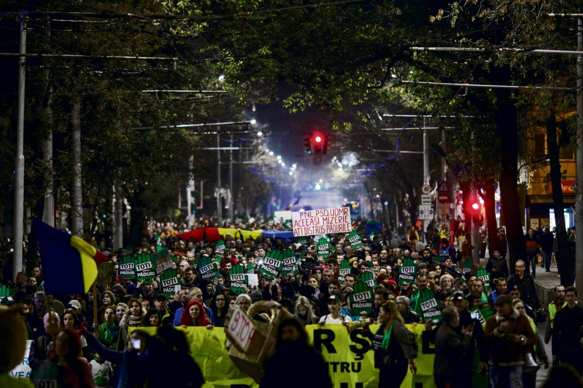 People march against widespread illegal logging and lack of policy response that has left two foresters dead earlier this year, in Bucharest, Romania, November 3, 2019. 