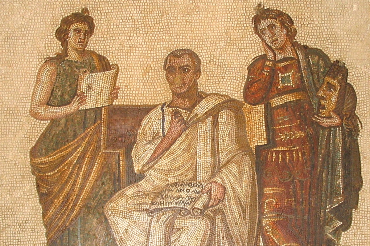 Mosaik zeigt Vergil, Clio und Melpomene