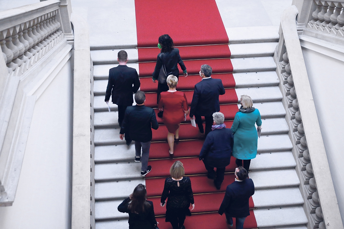 Die Parteispitzen am Montag auf dem Weg zur Vorstellung des Koalitionsvertrags für Berlin