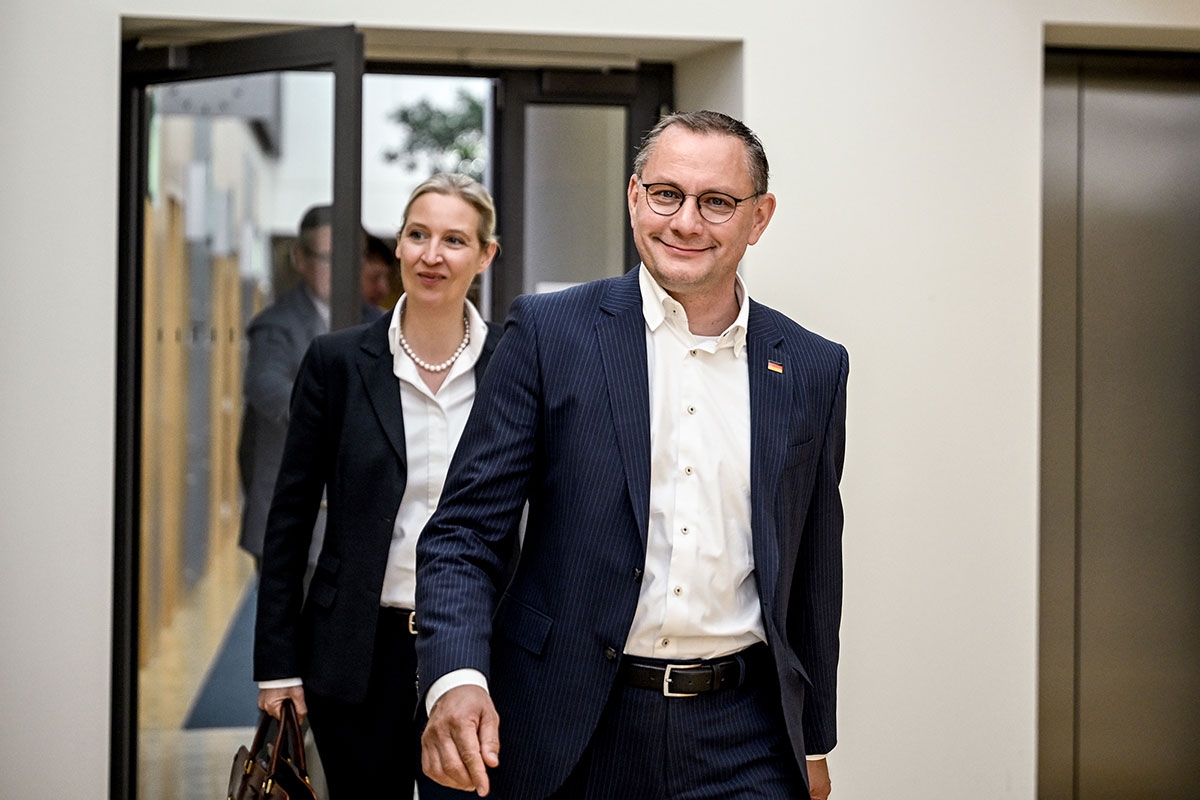 Faschistenpartei mit Oberwasser. Die AfD-Vorsitzenden Alice Weidel und Tino Chrupalla am Montag in Berlin 