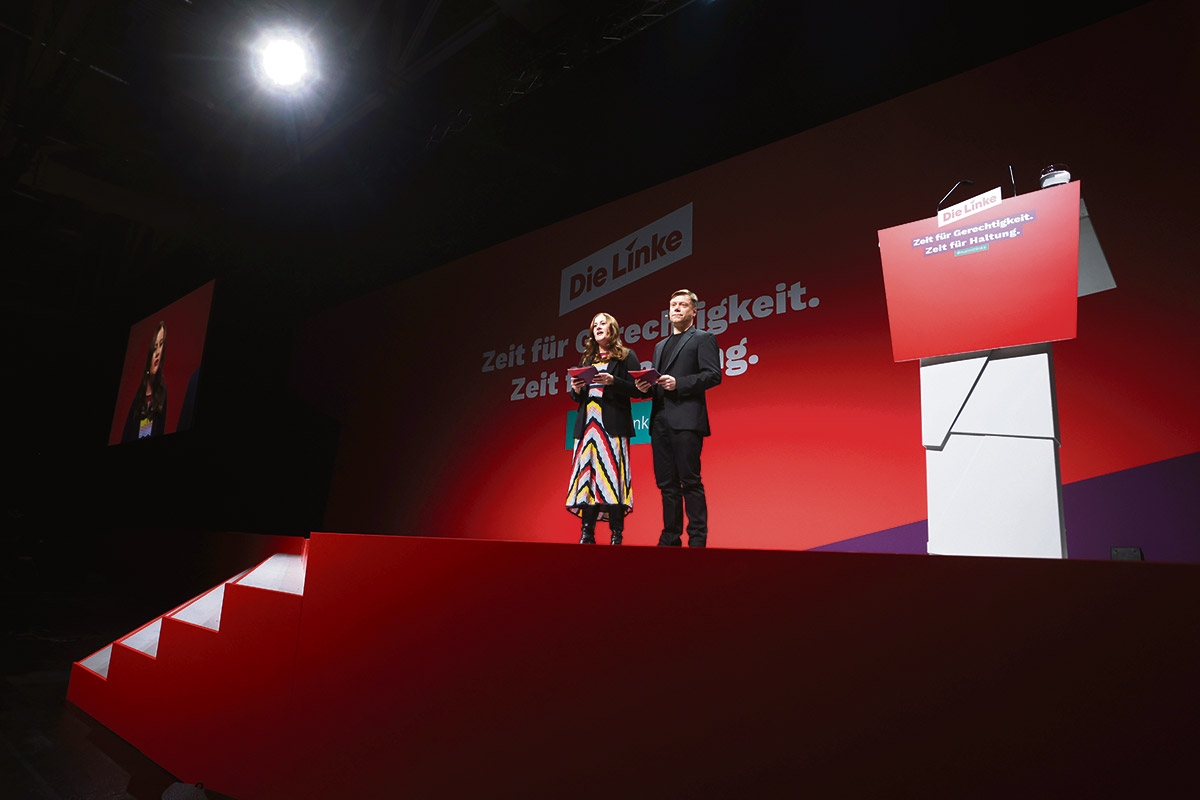 Die Vorsitzenden der Linkspartei, Martin Schirdewan und Janine Wissler, beim Parteitag im November