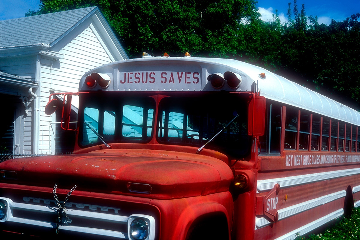 Auf dem Weg zur Erlösung. Schulbus für die Bibelklasse in Key West, Florida