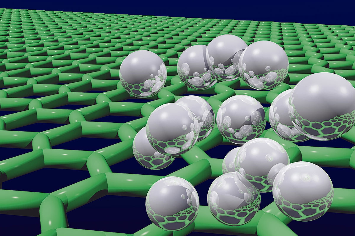 Illustration der Delokalisierung von Wasserstoffatomen über einer Graphenoberfläche