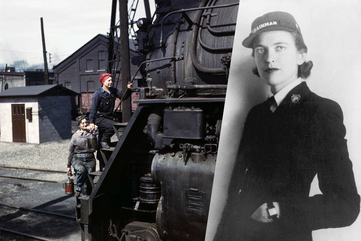 Auch für die ­Reinigung der Lokomotiven wurden in den Kriegsjahren Frauen ein­gesetzt, Clinton, Iowa. Edith Anderson in der Trainman-Uniform der Pennsylvania-Railroad, beides 1943