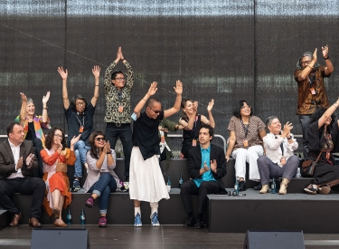 Das Kuratorenteam der Documenta fifteen bei einer Pressekonferenz am 15. Juni