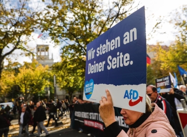 Demonstrantin mit Plakat "Wir stehen an deiner Seite. Afd"