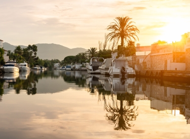 Yachten mit Palmen und Sonnenuntergang