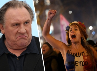 Gérard Depardieu, 2015; Femen-Aktivistin bei einer Protestaktion gegen Depardieu, 11. Januar 2024 in Paris