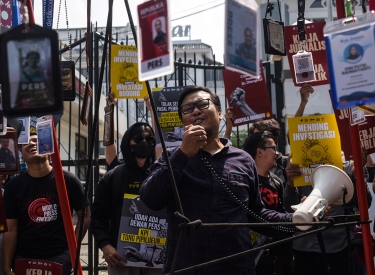 Lautstark für die Pressefreiheit. Journalisten protestieren in Westjava gegen die Änderungen des Rundfunkgesetzes, 28. Mai