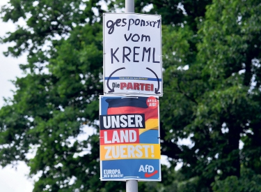 Zumindest im Internet erhielt die AfD Wahlkampfunterstützung vom Kreml. Plakate aus dem Europawahlkampf im Mai